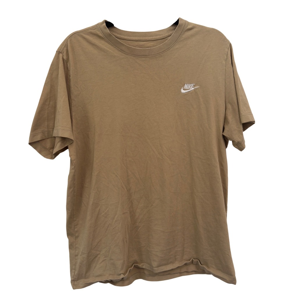 Nike T-Shirt Mens Large Tan Khaki Brown Cotton Embroidered Logo Short Sleeve Tee
